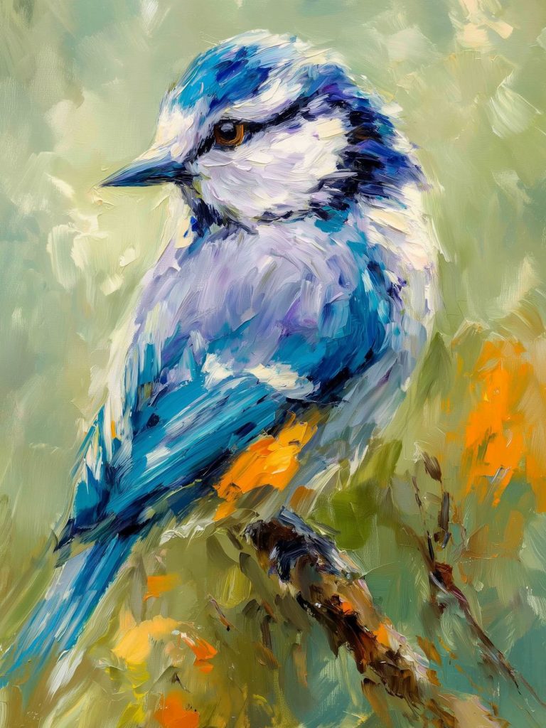 Gemälde mit einem wunderschönen Vogel (Maise blau) mit Blick nach hinten