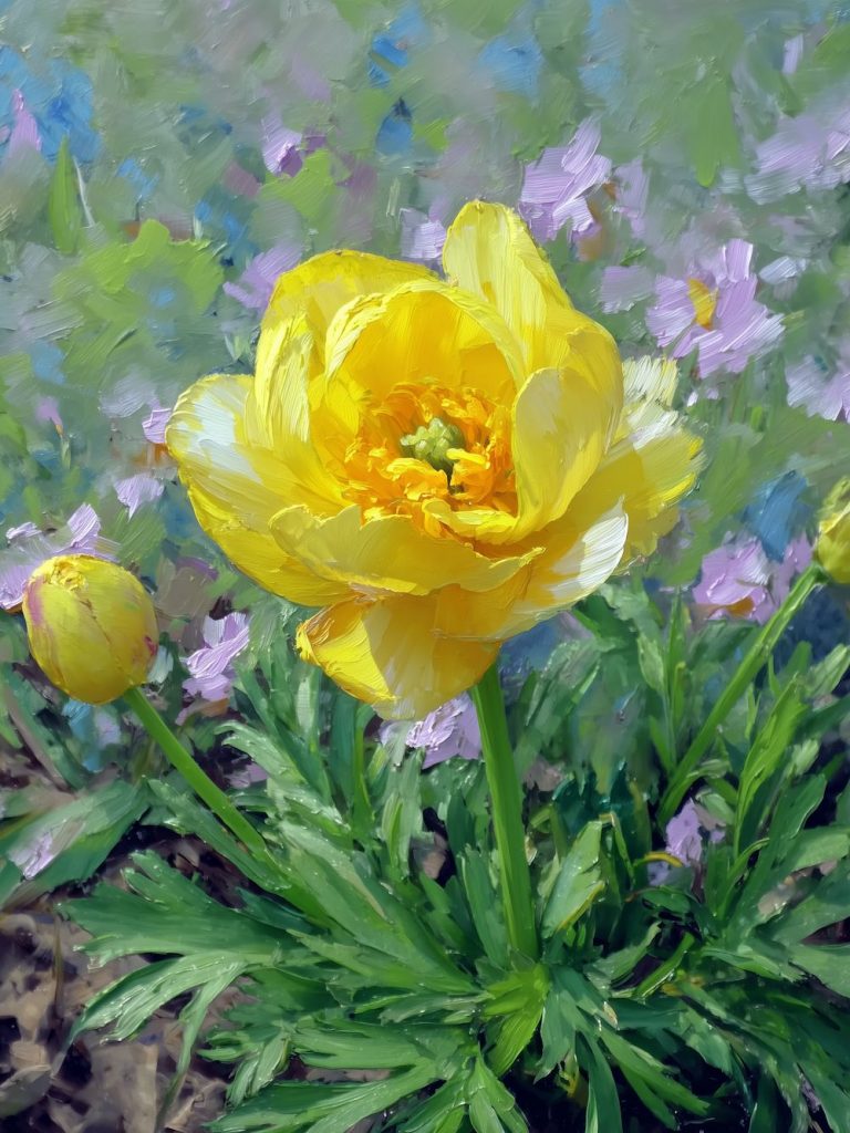 Eine wunderschöne gelbe Blüte mit sanften lila Blüten im Hintergrund