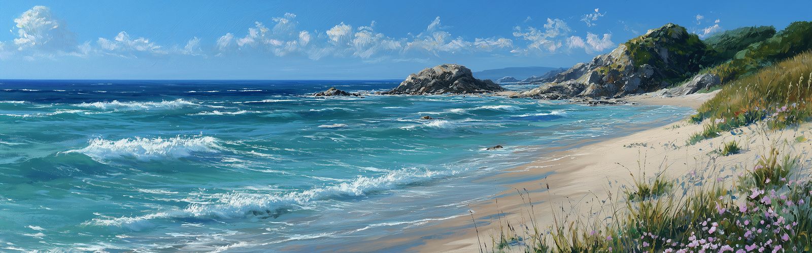 Eine Meerlandschaft an einem wunderschönen Sandstrand mit leichtem Wellengang