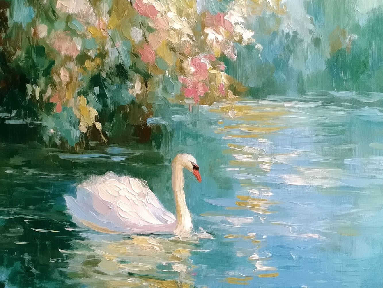 Ein wunderschöner Schwan auf einem See mit einem Meer von Blüten darüber