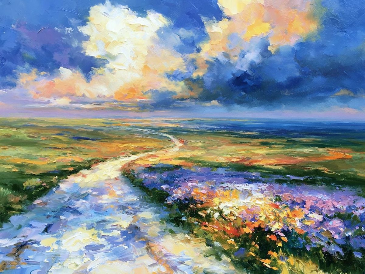 Ein Weg windet sich durch eine Ebene auf einen unendlichen Horizont zu. Gerade ist es noch schön, doch rechts vom Weg zeigen sich dunkle Wolken.