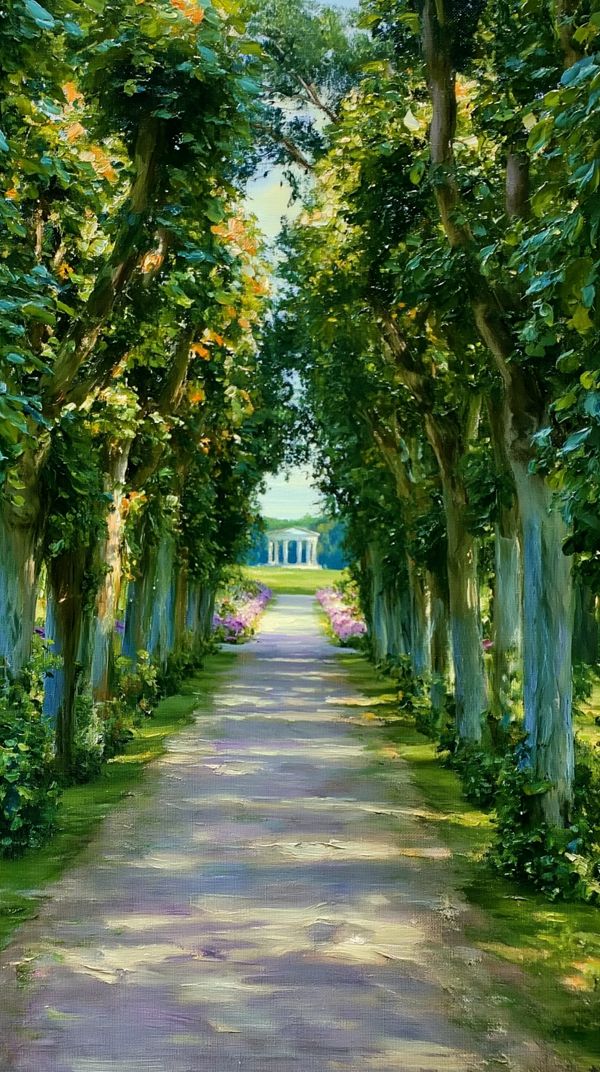 Gang durch eine alte Baum-Allee mit Blick auf eine Wiese mit einem weißen Tempel